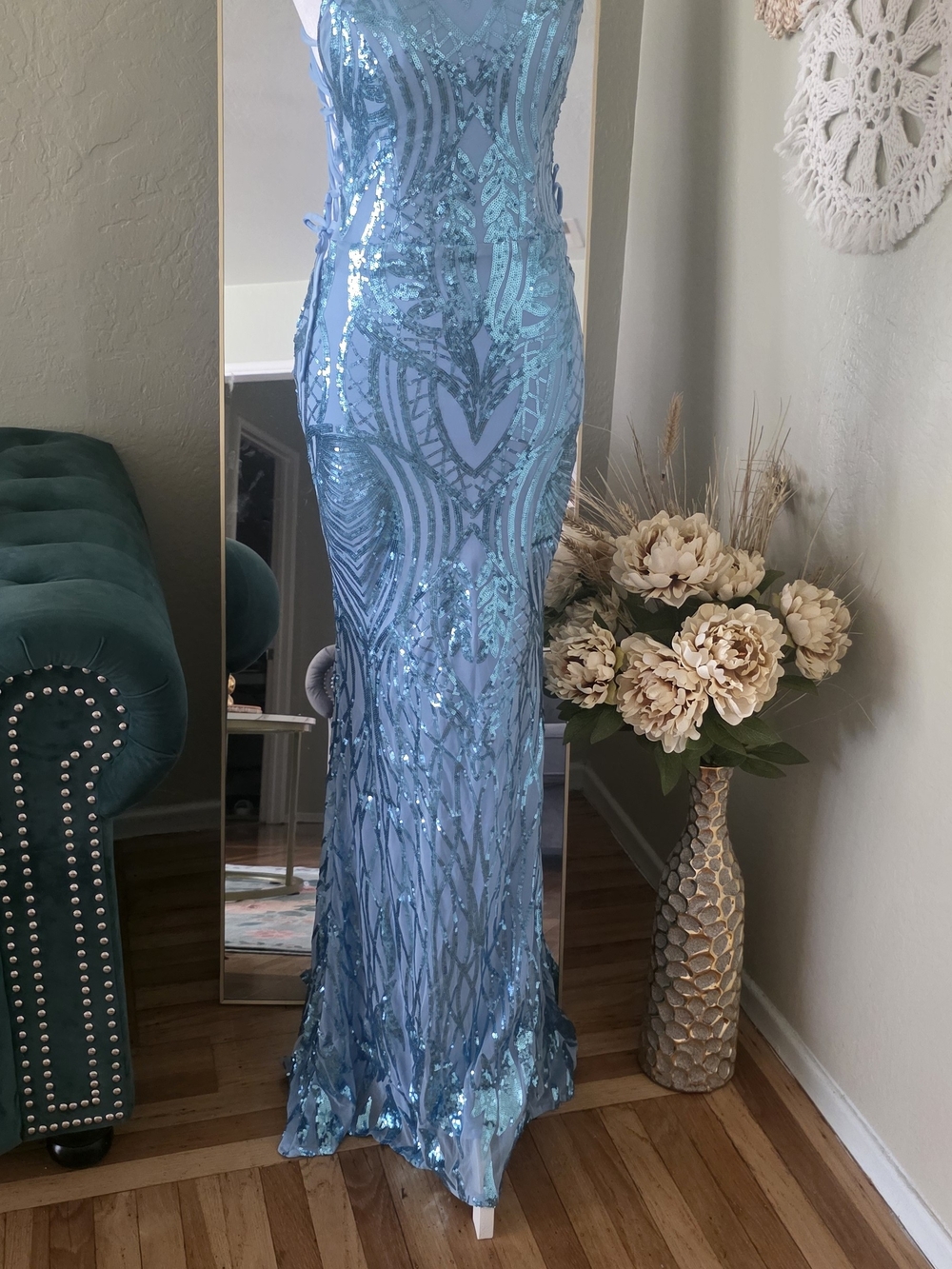 Elegant Light Blue Sequin Evening Skirt